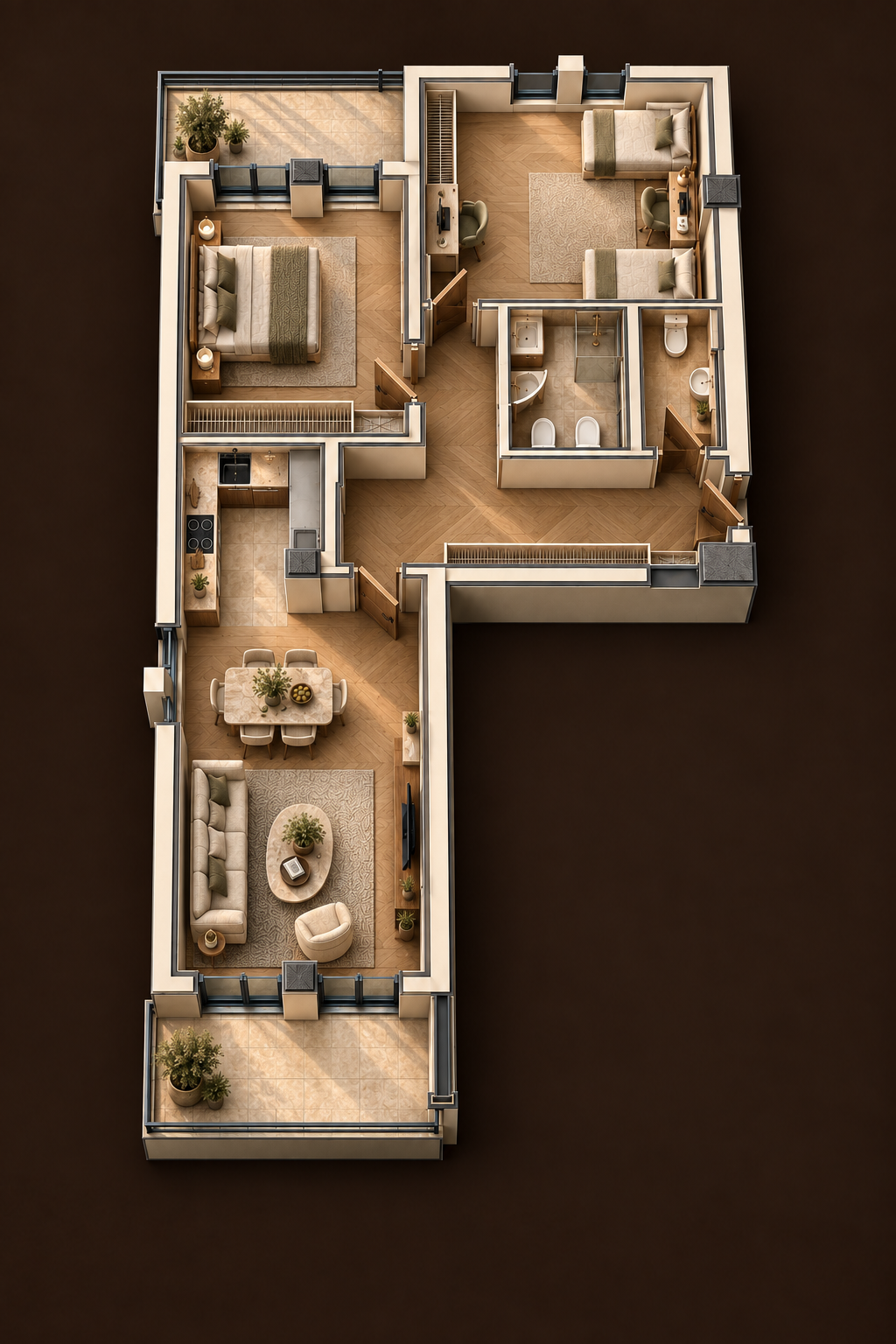 3D визуелизација на трособен стан од 100,65 м² со мебел, на темнокафена позадина