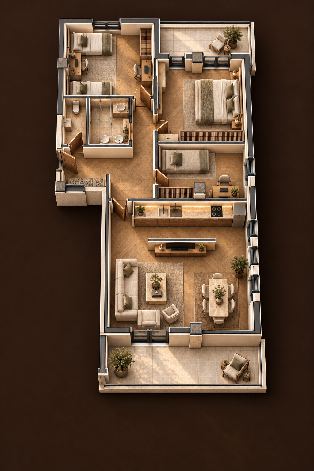 3D визуелизација на четирисобен стан од 120,40 м² со мебел, на темнокафена позадина
