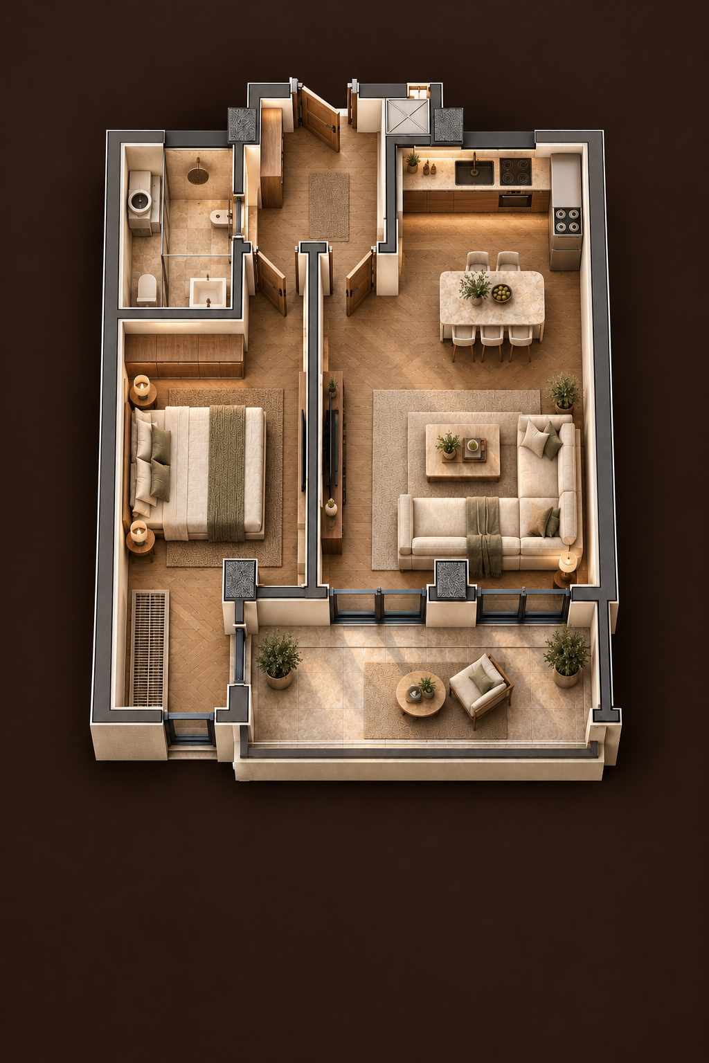 3D визуелизација на двособен стан од 55,10 м² со мебел, на темнокафена позадина