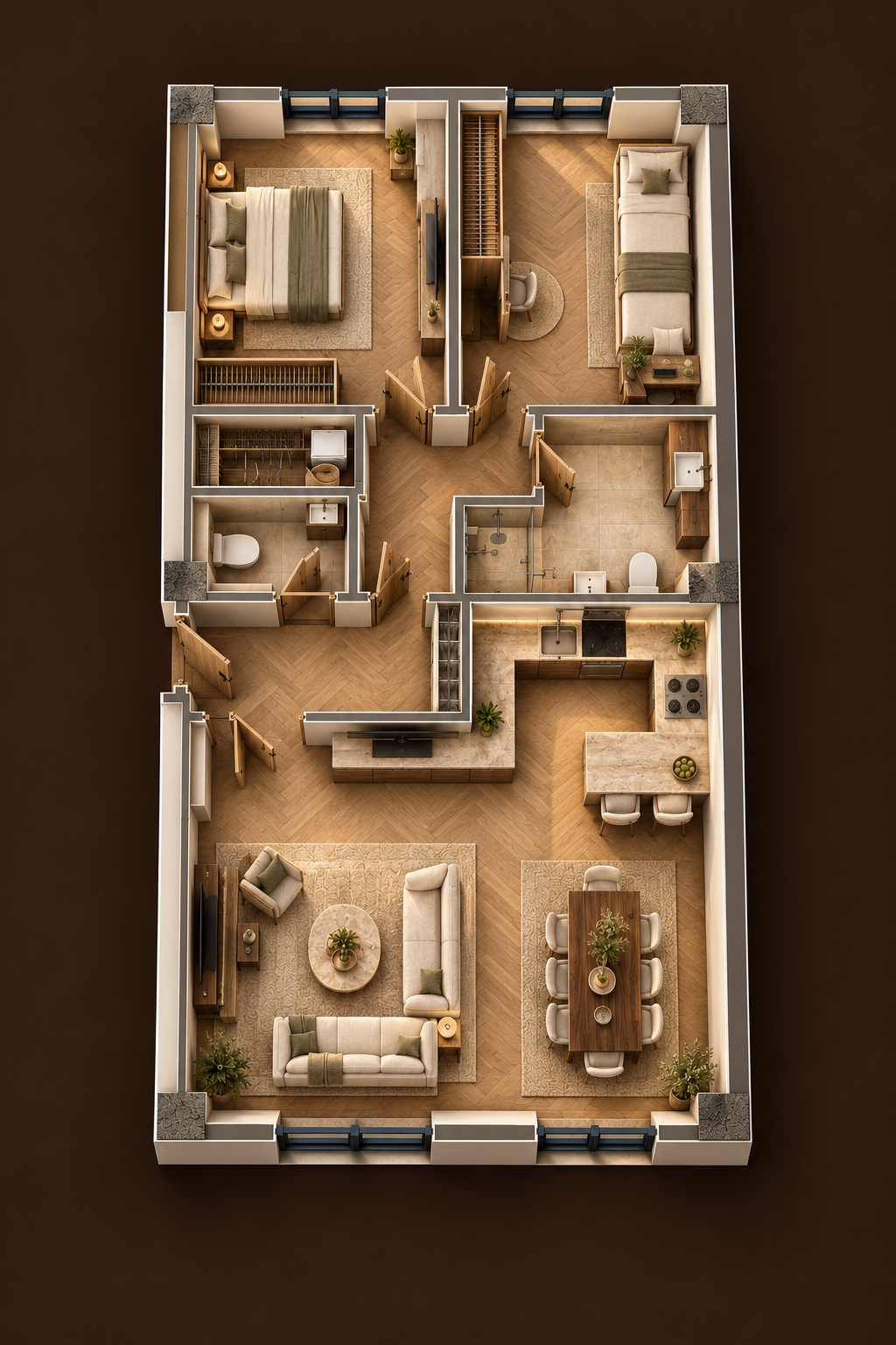 3D визуелизација на трособен стан од 79,78 м² со мебел, на темнокафена позадина