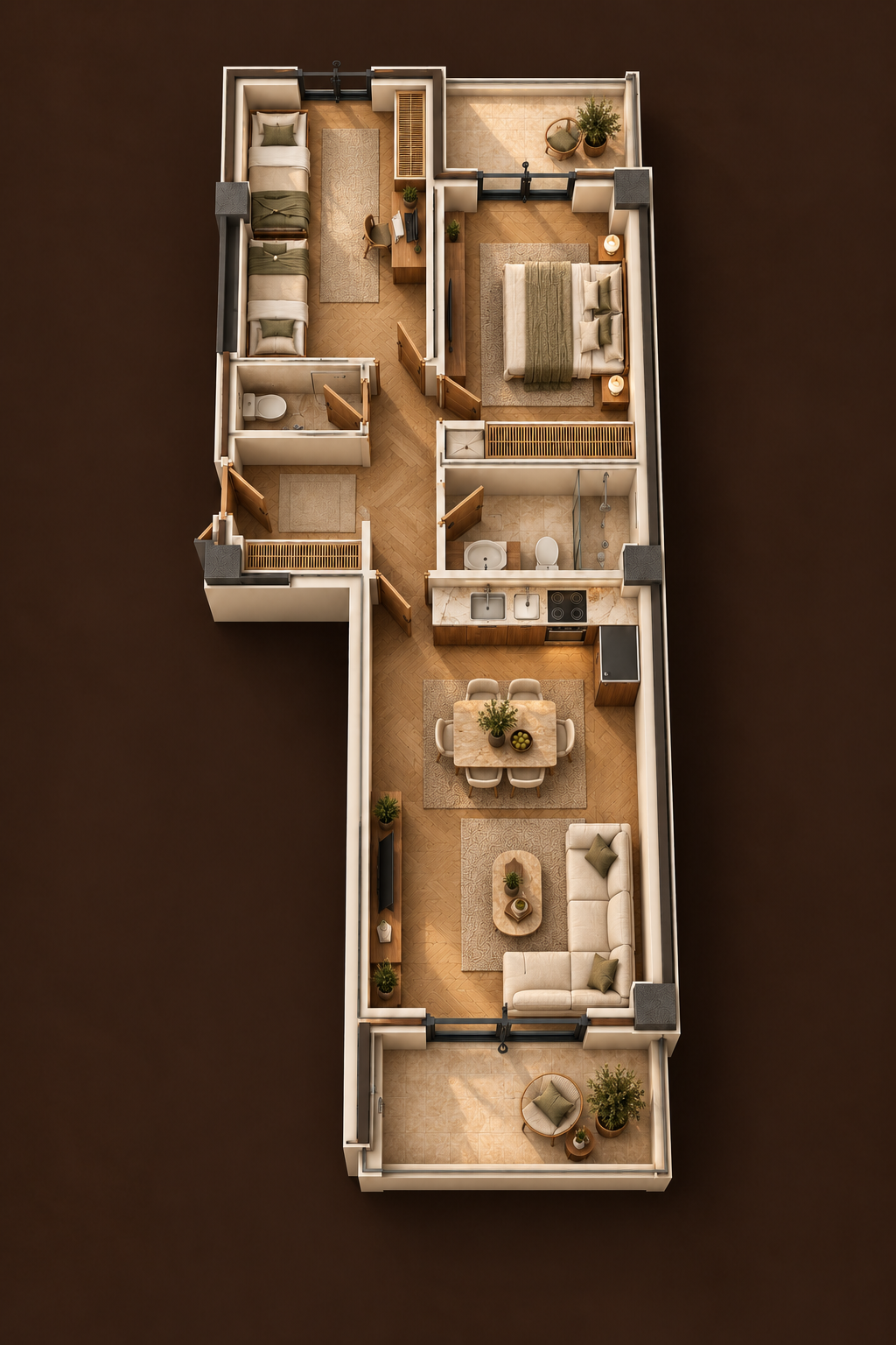 3D визуелизација на трособен стан од 86,45 м² со мебел, на темнокафена позадина
